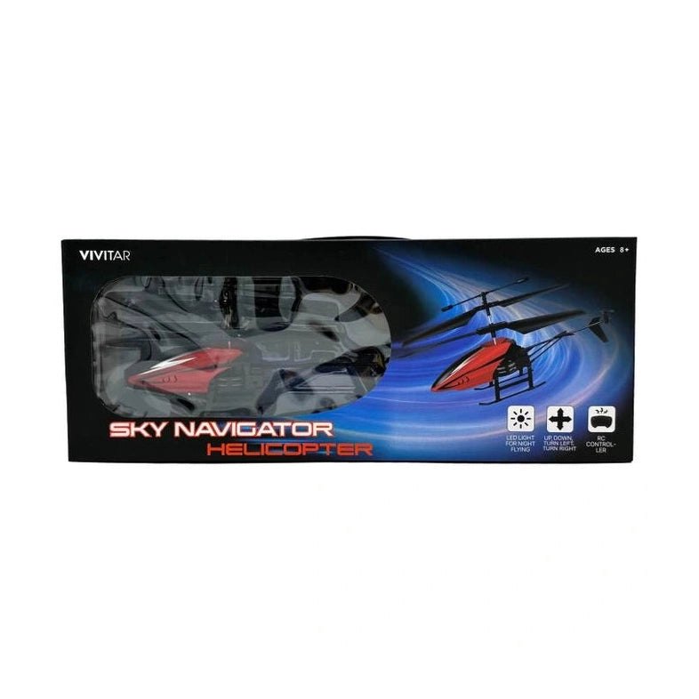 A black box with a clear plastic window displays a red and black Sky Navigator Helicopter, with product features listed on the side.
